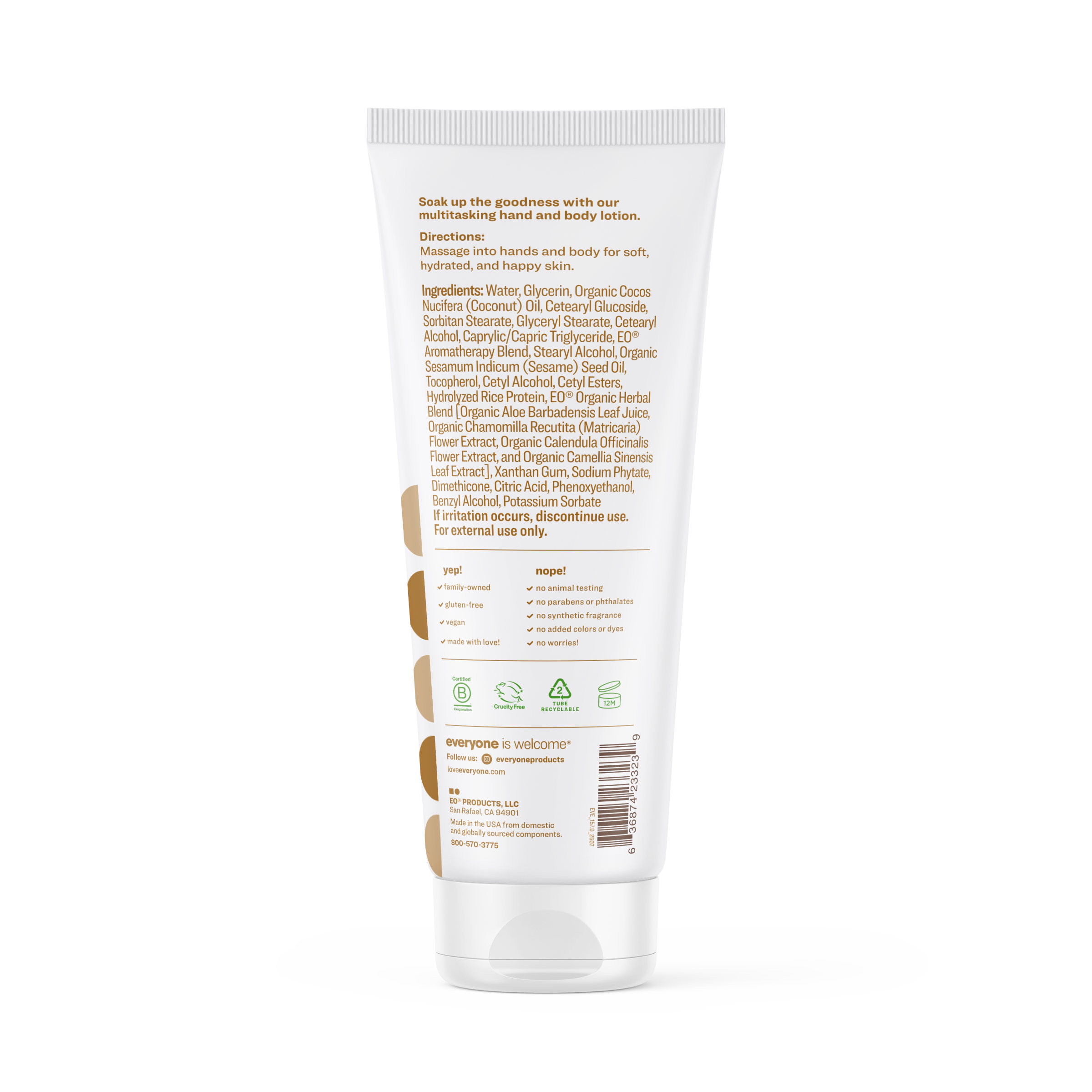 The back of an EVERYONE OFF PRICE Velvety Vanilla 2in1 Lotion tube showing the ingredient list, usage directions, product certification icons, and a barcode.