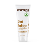 White squeeze tube of EVERYONE OFF PRICE Velvety Vanilla 2in1 Lotion for hands and body, scented with vanilla and coconut.