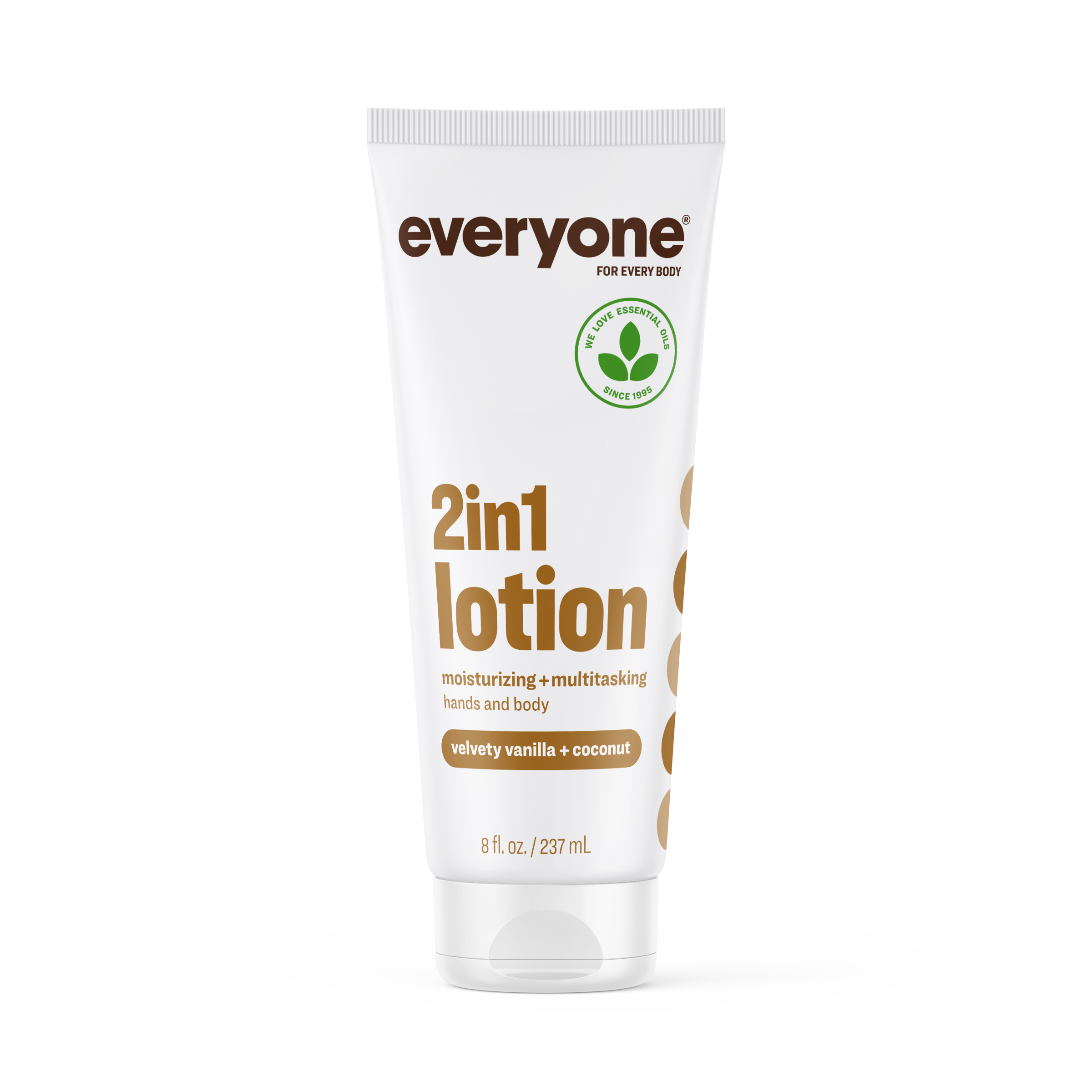 White squeeze tube of EVERYONE OFF PRICE Velvety Vanilla 2in1 Lotion for hands and body, scented with vanilla and coconut.