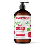 Amber pump bottle of EVERYONE OFF PRICE Strawberry Sparkle 3in1 Soap 32 FL OZ with a product label detailing ingredients, directions, and company contact information.