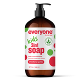 Amber pump bottle of EVERYONE OFF PRICE Strawberry Sparkle 3in1 Soap 32 FL OZ with a product label detailing ingredients, directions, and company contact information.