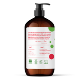 Amber pump bottle of EVERYONE OFF PRICE Strawberry Sparkle 3in1 Soap 32 FL OZ with a product label detailing ingredients, directions, and company contact information.