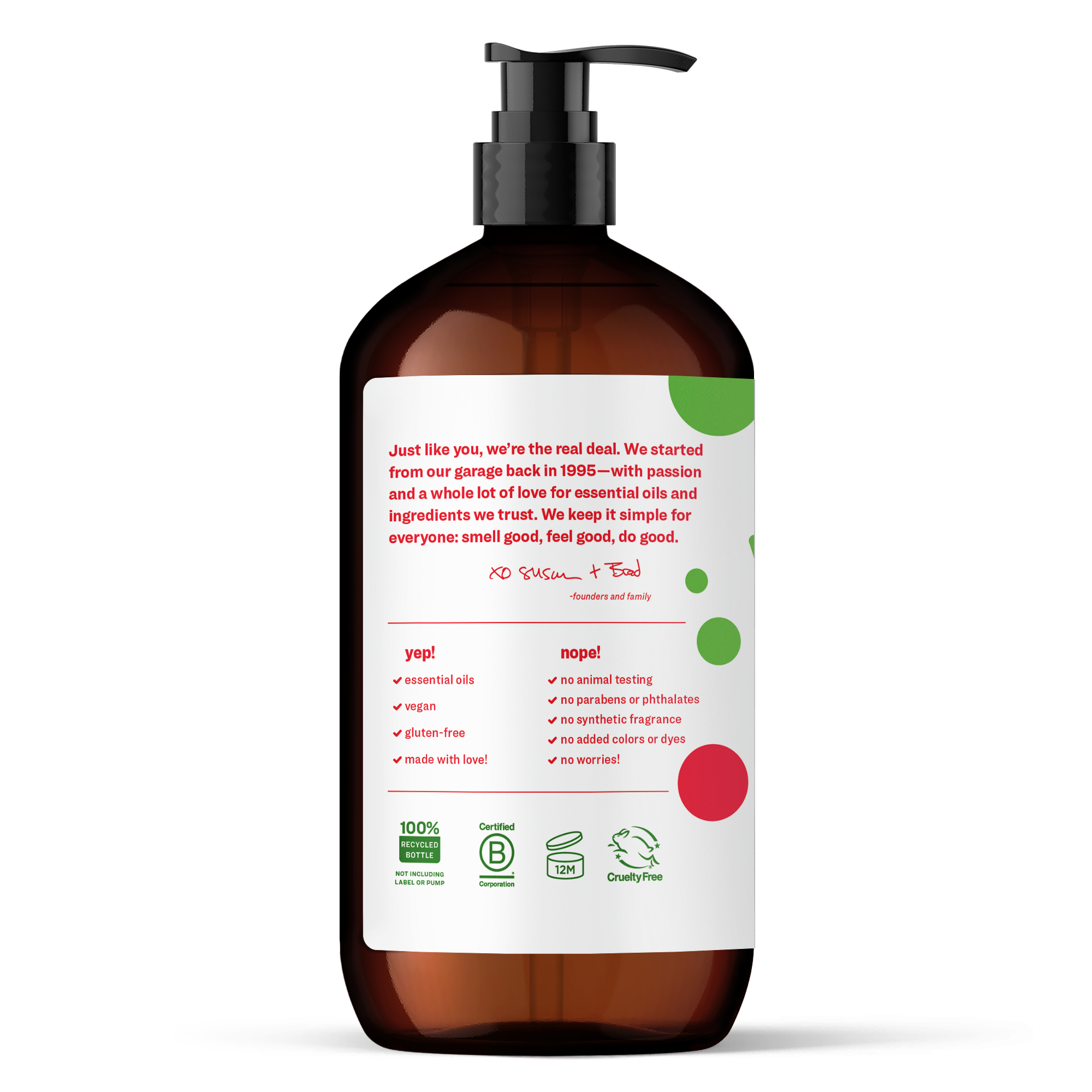 Amber pump bottle of EVERYONE OFF PRICE Strawberry Sparkle 3in1 Soap 32 FL OZ with a product label detailing ingredients, directions, and company contact information.