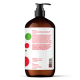Amber pump bottle of EVERYONE OFF PRICE Strawberry Sparkle 3in1 Soap 32 FL OZ with a product label detailing ingredients, directions, and company contact information.