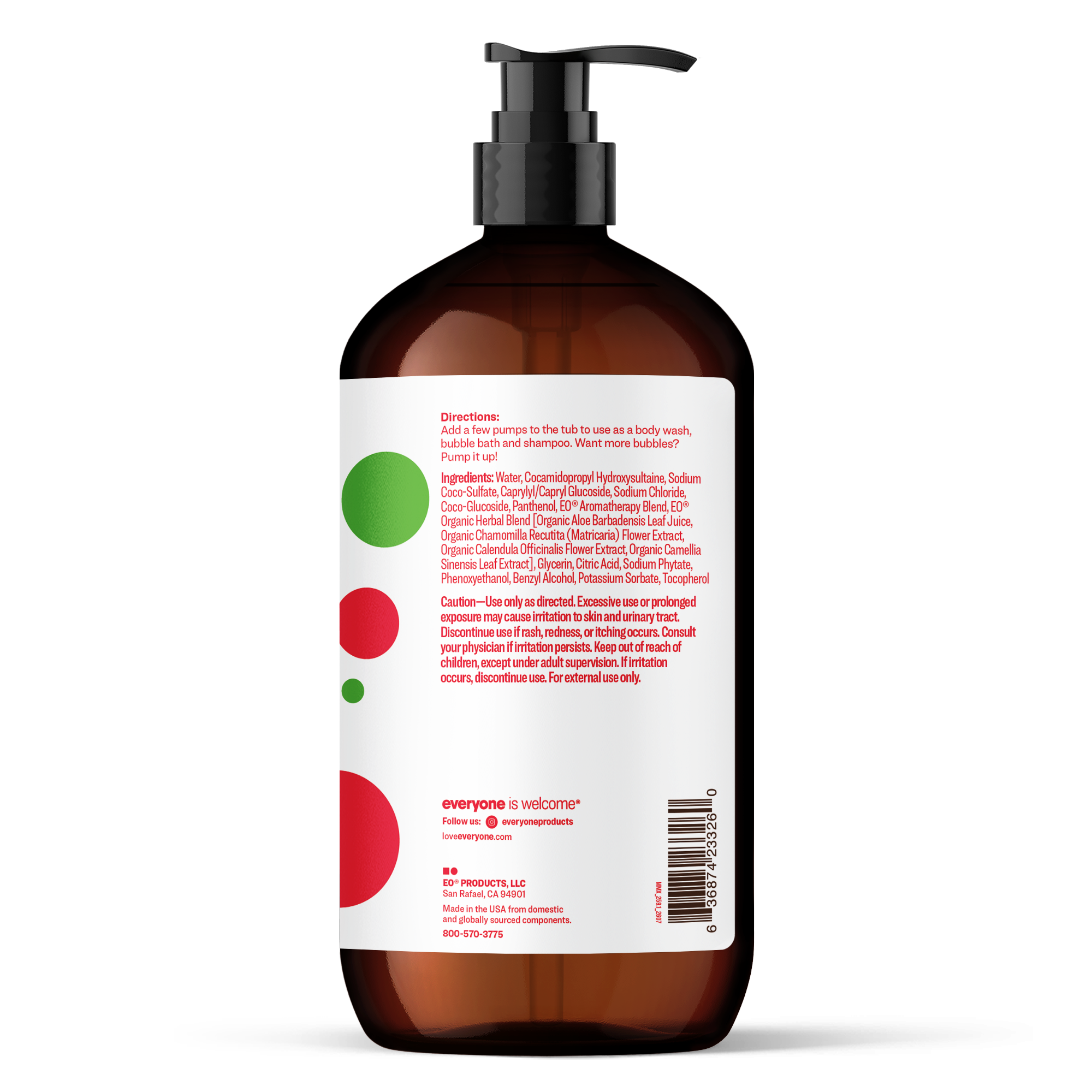 Amber pump bottle of EVERYONE OFF PRICE Strawberry Sparkle 3in1 Soap 32 FL OZ with a product label detailing ingredients, directions, and company contact information.