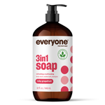 Amber pump bottle of EVERYONE OFF PRICE Ruby Grapefruit 3in1 Soap, labeled for use as a body wash, bubble bath, and shampoo.