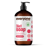 Amber pump bottle of EVERYONE OFF PRICE Ruby Grapefruit 3in1 Soap, labeled for use as a body wash, bubble bath, and shampoo.