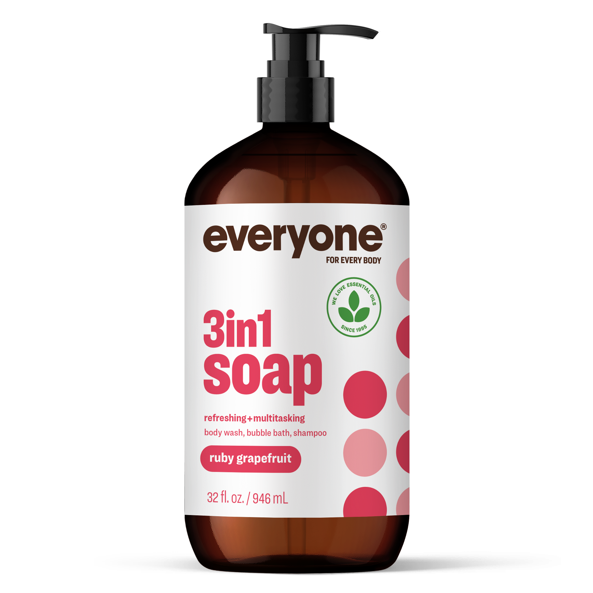 Amber pump bottle of EVERYONE OFF PRICE Ruby Grapefruit 3in1 Soap, labeled for use as a body wash, bubble bath, and shampoo.