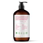 Amber soap bottle of EVERYONE OFF PRICE Ruby Grapefruit 3in1 Soap with a black pump dispenser and a white label detailing product certifications, a company mission statement, and lists of yep and nope ingredients.