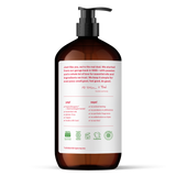 Amber soap bottle of EVERYONE OFF PRICE Ruby Grapefruit 3in1 Soap with a black pump dispenser and a white label detailing product certifications, a company mission statement, and lists of yep and nope ingredients.