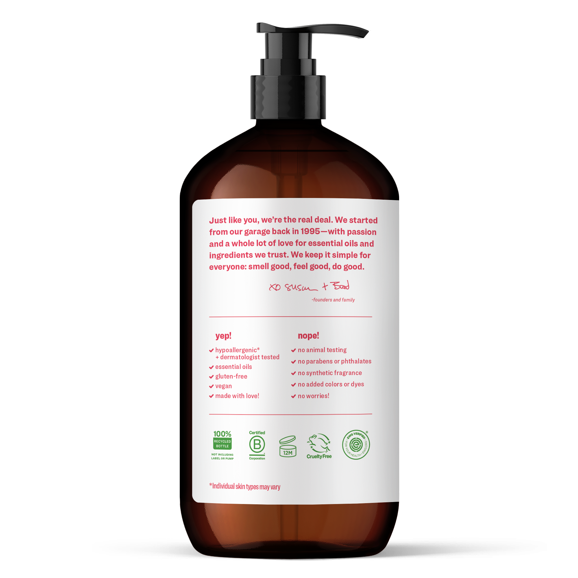 Amber soap bottle of EVERYONE OFF PRICE Ruby Grapefruit 3in1 Soap with a black pump dispenser and a white label detailing product certifications, a company mission statement, and lists of yep and nope ingredients.