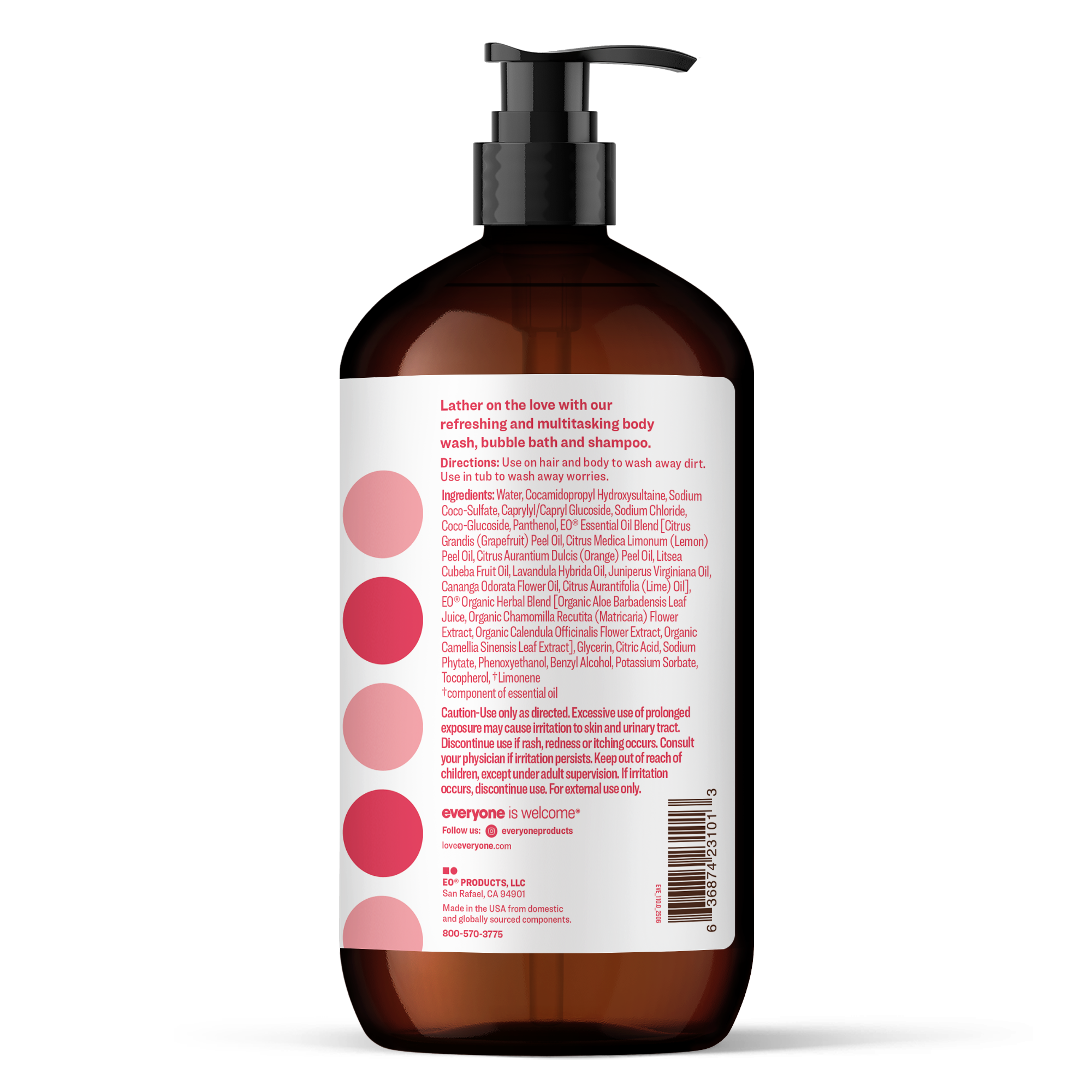 Amber pump bottle of EVERYONE OFF PRICE Ruby Grapefruit 3in1 Soap with a product label detailing ingredients, directions, and company contact information.