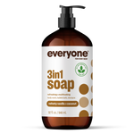 Amber plastic pump bottle of EVERYONE OFF PRICE Velvety Vanilla 3in1 Soap with a white label reading 3in1 soap and velvety vanilla + coconut.