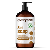 Amber plastic pump bottle of EVERYONE OFF PRICE Velvety Vanilla 3in1 Soap with a white label reading 3in1 soap and velvety vanilla + coconut.