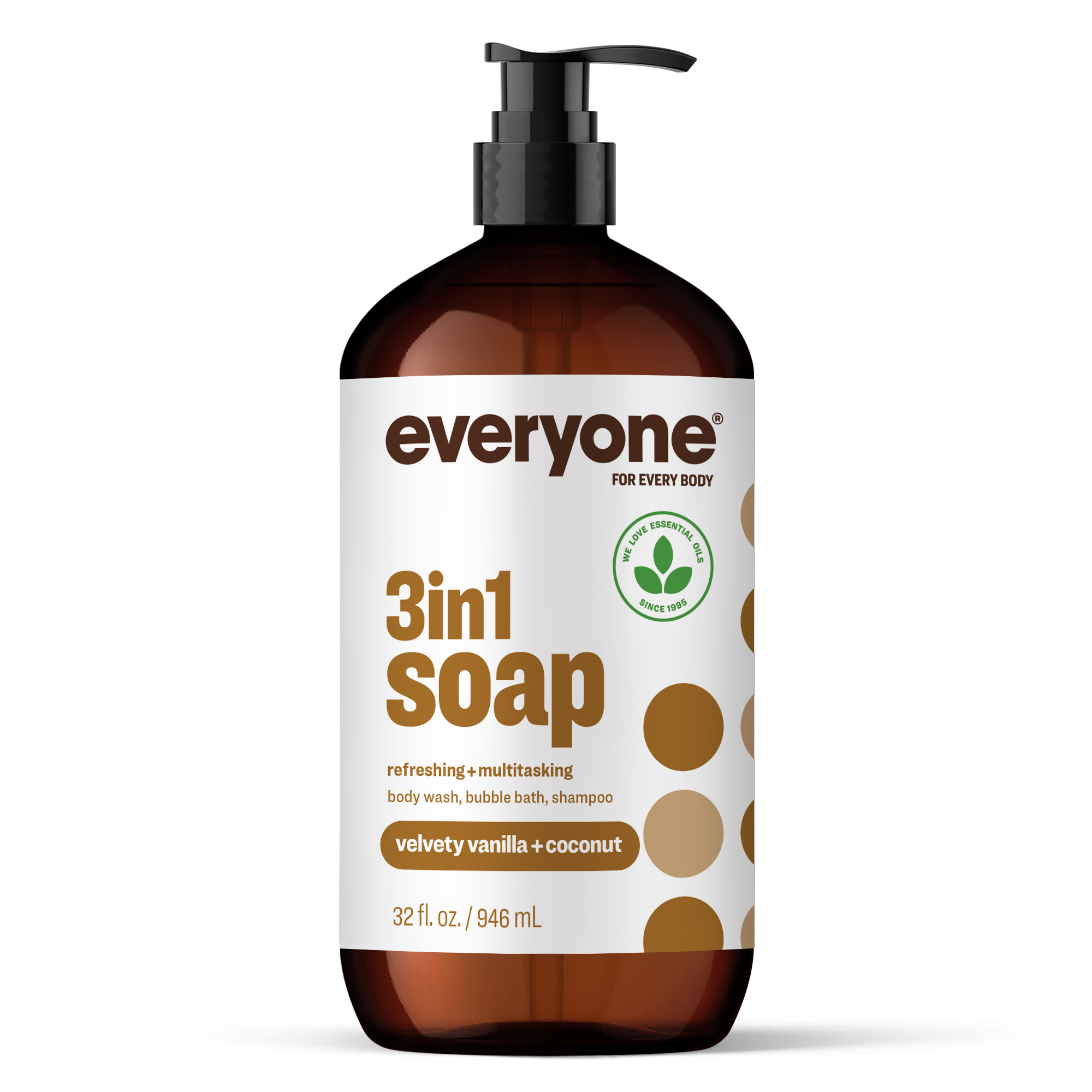 Amber plastic pump bottle of EVERYONE OFF PRICE Velvety Vanilla 3in1 Soap with a white label reading 3in1 soap and velvety vanilla + coconut.