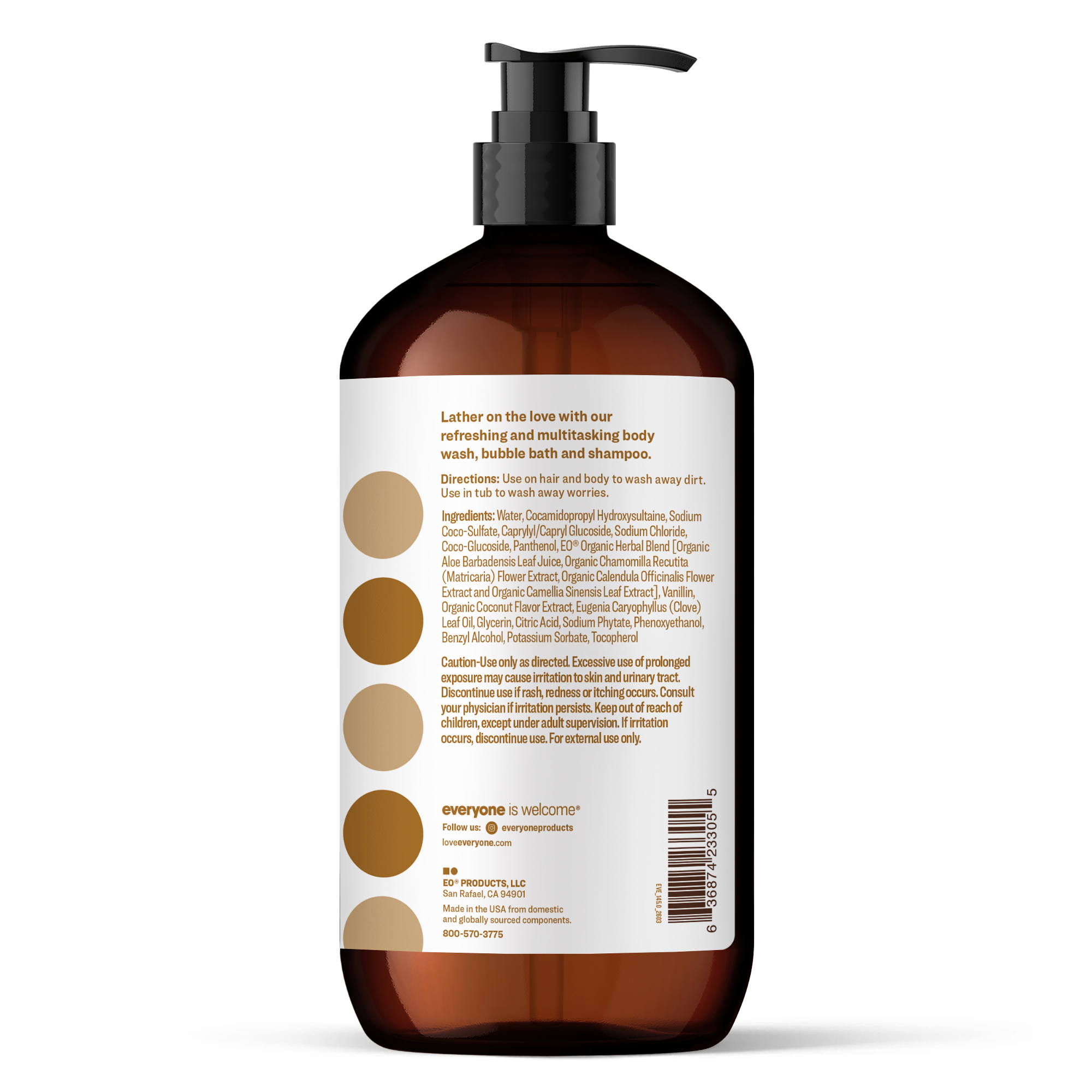 Amber pump bottle of EVERYONE OFF PRICE Ruby Grapefruit 3in1 Soap with a product label detailing ingredients, directions, and company contact information.