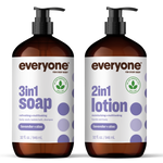 Two bottles of 'everyone' 3in1 soap and 2in1 lotion on a white background
