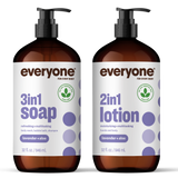 Two bottles of 'everyone' 3in1 soap and 2in1 lotion on a white background