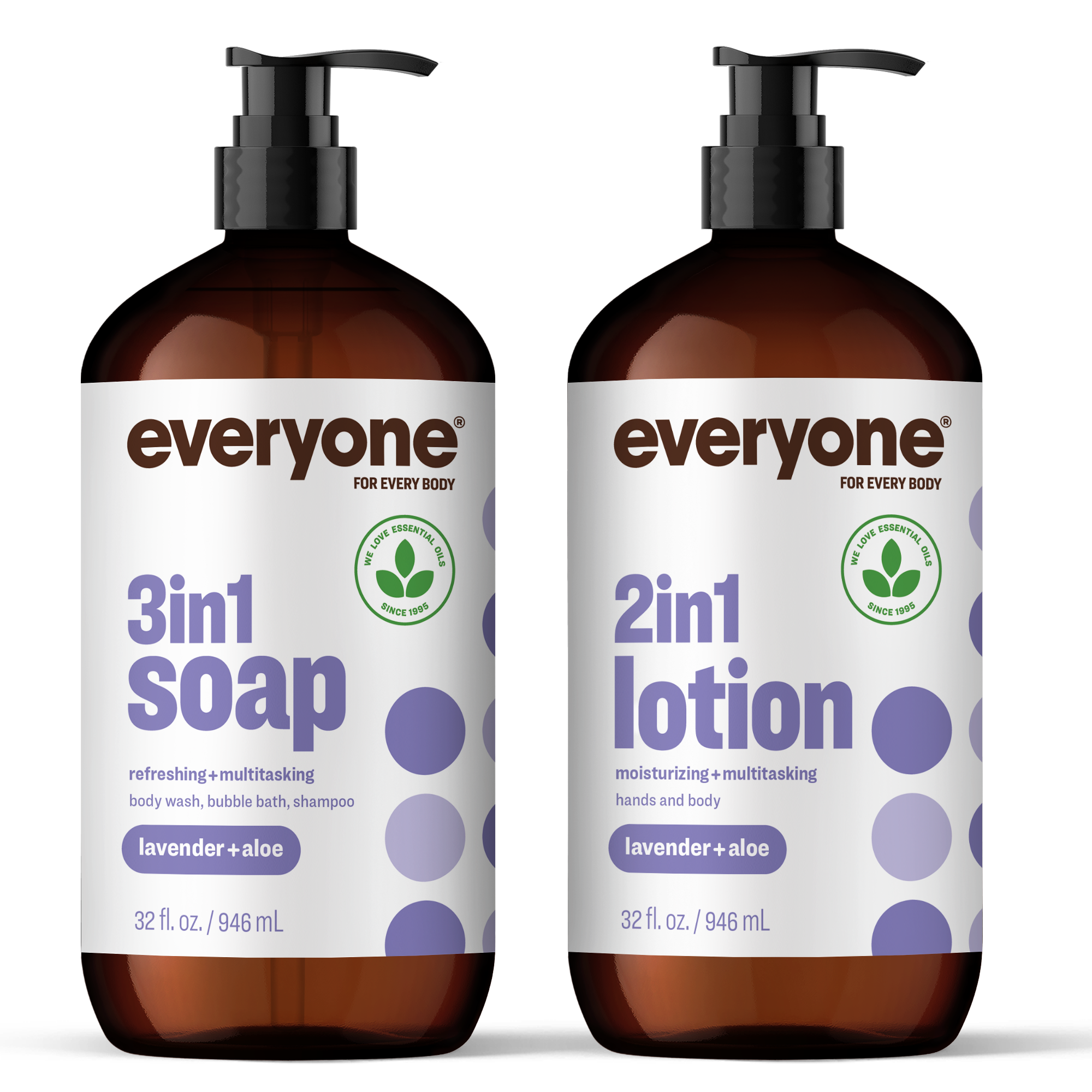Two bottles of 'everyone' 3in1 soap and 2in1 lotion on a white background
